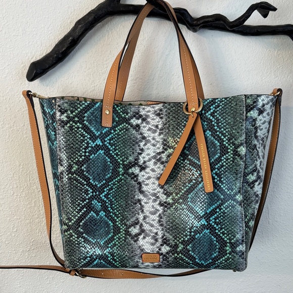 Frances Valentine Handbags - Frances Valentine Green/Blue Reptile Print Leather Tote Bag with Crossbody Strap
